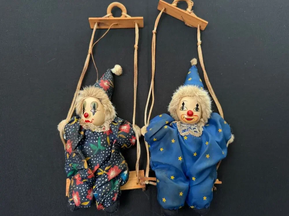 Pair of Vintage Hanging Porcelain Face Clowns Wooden Swings Star Floral Fabric